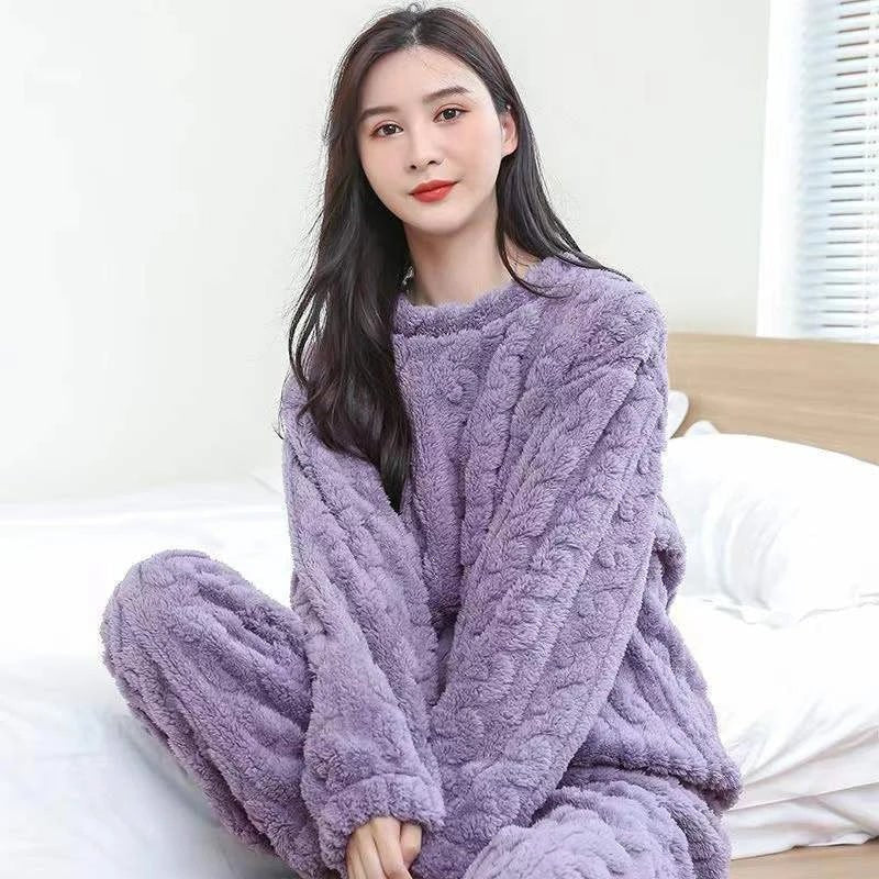 Conjunto de pijama de dos piezas para otoño e invierno con forro polar, ropa para el hogar de terciopelo Coral grueso, conjuntos de pantalones cálidos de manga larga a la moda - VibraStore