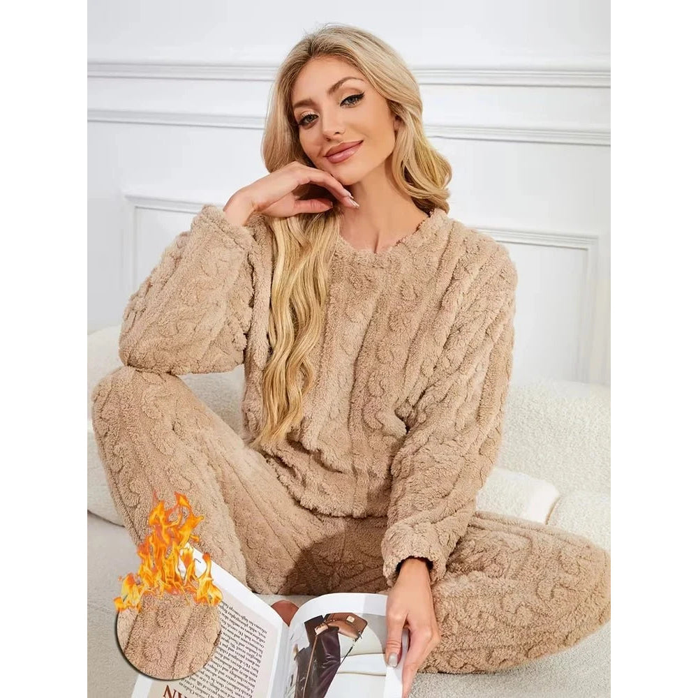 Conjunto de pijama de dos piezas para otoño e invierno con forro polar, ropa para el hogar de terciopelo Coral grueso, conjuntos de pantalones cálidos de manga larga a la moda - VibraStore