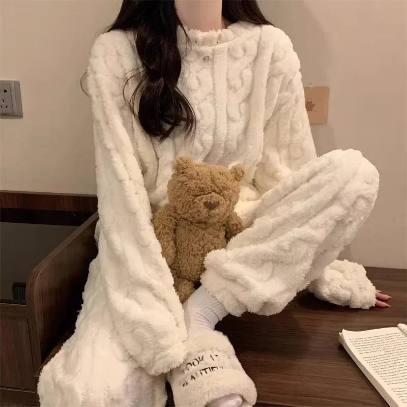 Conjunto de pijama de dos piezas para otoño e invierno con forro polar, ropa para el hogar de terciopelo Coral grueso, conjuntos de pantalones cálidos de manga larga a la moda - VibraStore