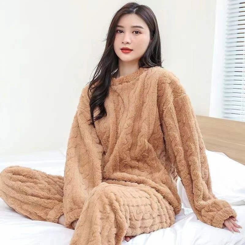 Conjunto de pijama de dos piezas para otoño e invierno con forro polar, ropa para el hogar de terciopelo Coral grueso, conjuntos de pantalones cálidos de manga larga a la moda - VibraStore