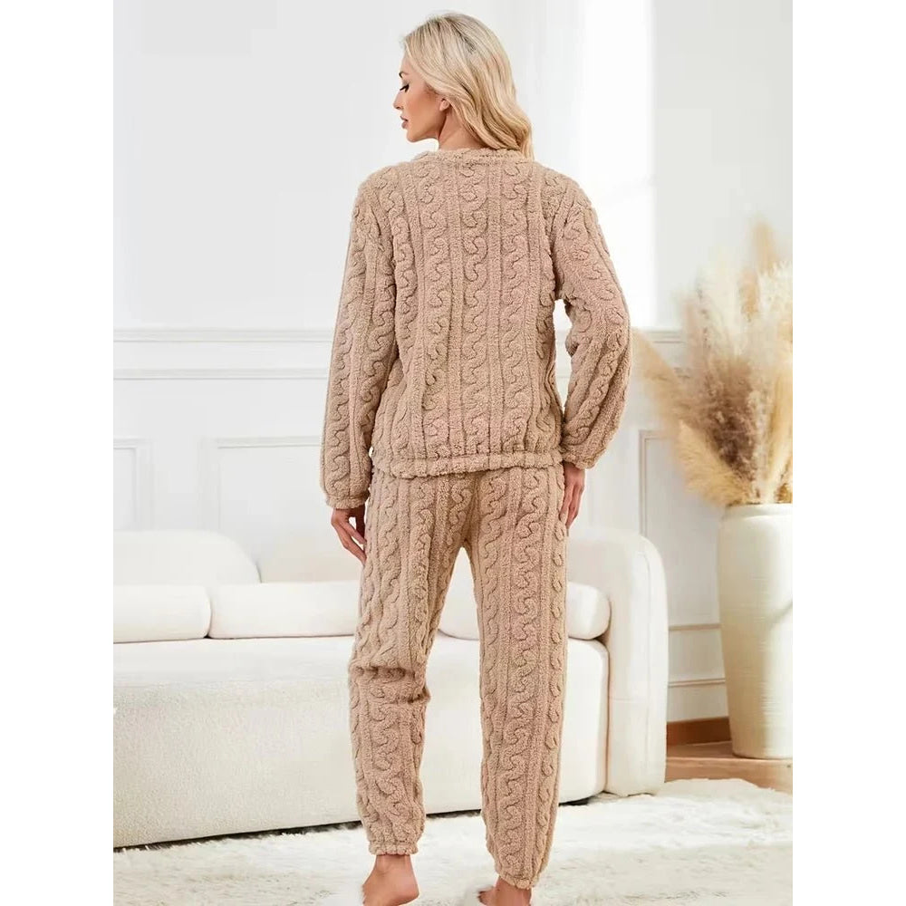 Conjunto de pijama de dos piezas para otoño e invierno con forro polar, ropa para el hogar de terciopelo Coral grueso, conjuntos de pantalones cálidos de manga larga a la moda - VibraStore