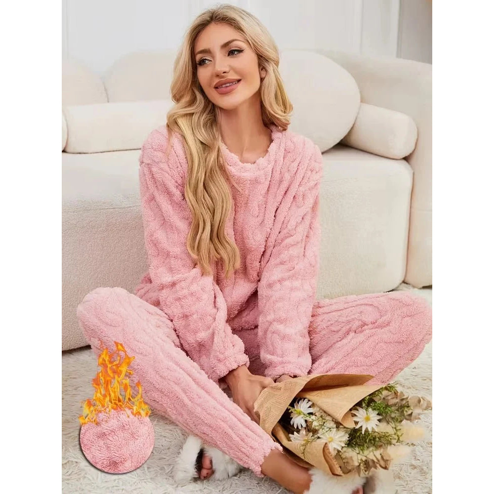 Conjunto de pijama de dos piezas para otoño e invierno con forro polar, ropa para el hogar de terciopelo Coral grueso, conjuntos de pantalones cálidos de manga larga a la moda - VibraStore