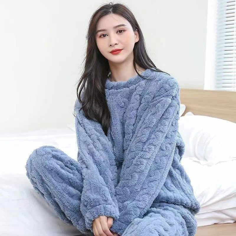 Conjunto de pijama de dos piezas para otoño e invierno con forro polar, ropa para el hogar de terciopelo Coral grueso, conjuntos de pantalones cálidos de manga larga a la moda - VibraStore