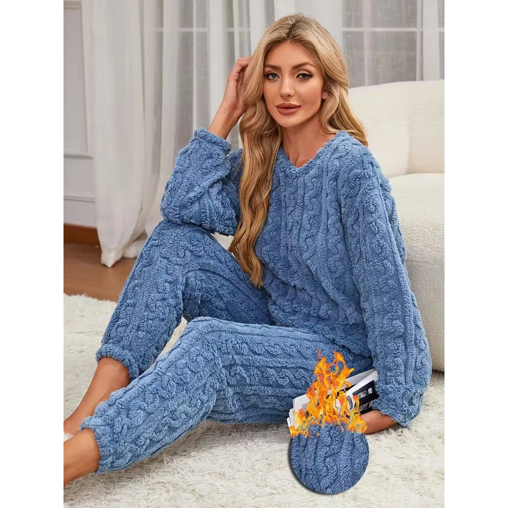 Conjunto de pijama de dos piezas para otoño e invierno con forro polar, ropa para el hogar de terciopelo Coral grueso, conjuntos de pantalones cálidos de manga larga a la moda - VibraStore