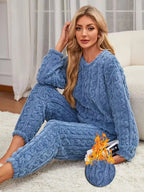 Conjunto de pijama de dos piezas para otoño e invierno con forro polar, ropa para el hogar de terciopelo Coral grueso, conjuntos de pantalones cálidos de manga larga a la moda - VibraStore