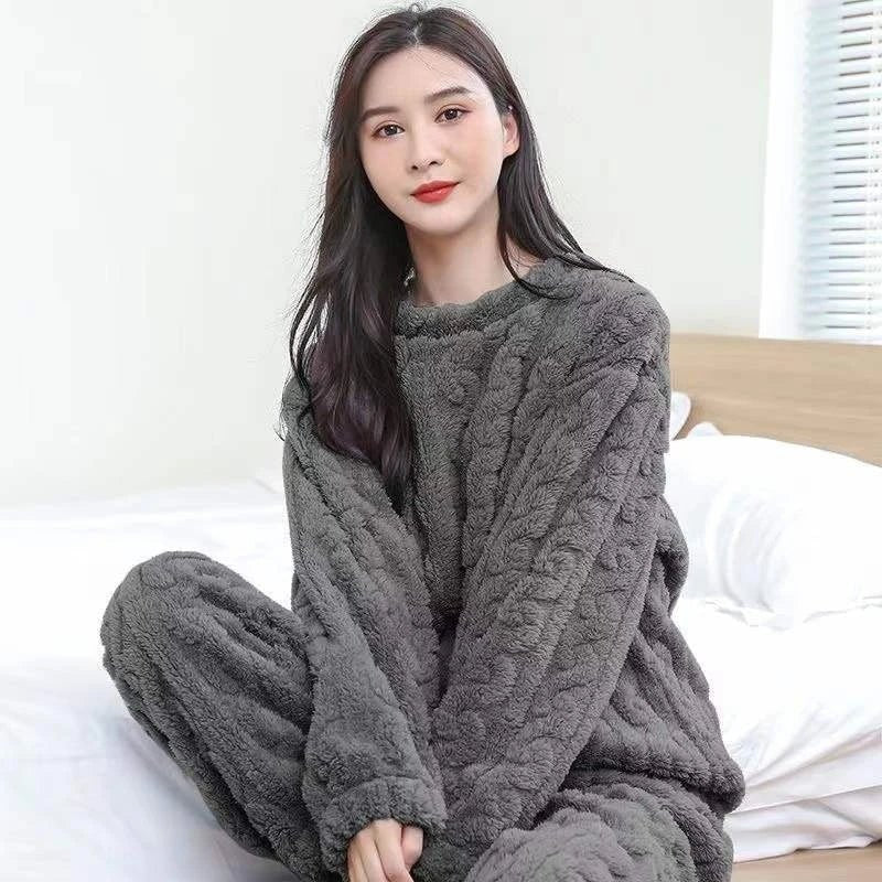 Conjunto de pijama de dos piezas para otoño e invierno con forro polar, ropa para el hogar de terciopelo Coral grueso, conjuntos de pantalones cálidos de manga larga a la moda - VibraStore