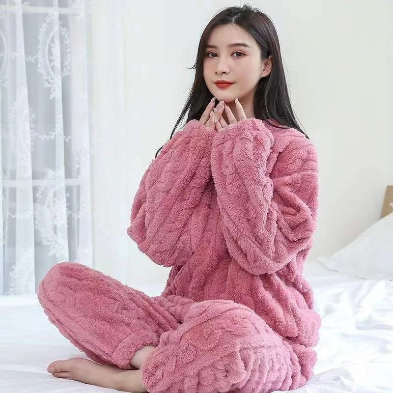 Conjunto de pijama de dos piezas para otoño e invierno con forro polar, ropa para el hogar de terciopelo Coral grueso, conjuntos de pantalones cálidos de manga larga a la moda - VibraStore
