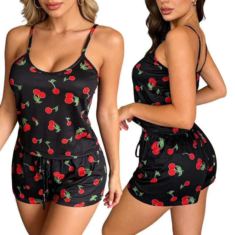Conjunto de Pijama de satén para mujer, ropa de dormir Sexy con tirantes, Top, pantalones cortos, lencería Sexy, pantalones cortos para dormir, 2 uds. - VibraStore