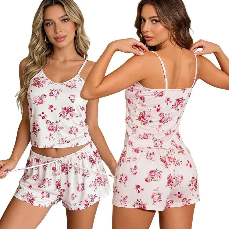 Conjunto de Pijama de satén para mujer, ropa de dormir Sexy con tirantes, Top, pantalones cortos, lencería Sexy, pantalones cortos para dormir, 2 uds. - VibraStore