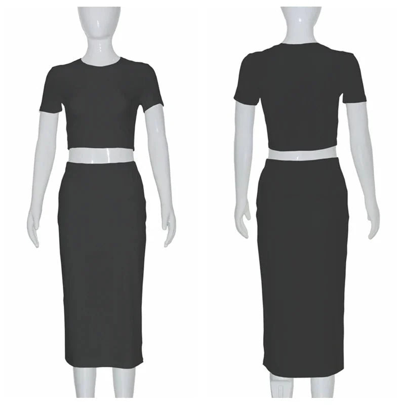 Conjuntos de vestidos para mujer, Tops cortos de manga corta y falda a media pantorrilla, conjunto de 2 uds, trajes ajustados de oficina para mujer, ropa de verano QX2413 - VibraStore