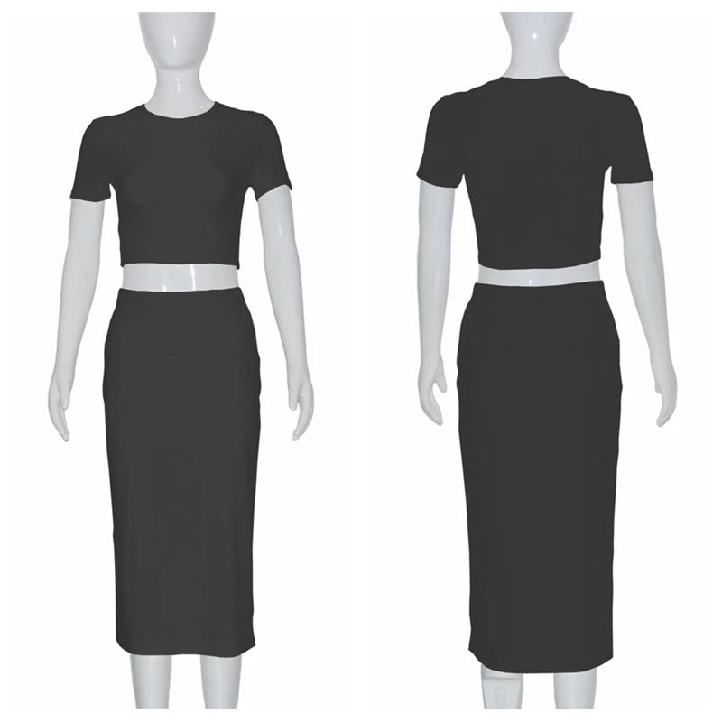 Conjuntos de vestidos para mujer, Tops cortos de manga corta y falda a media pantorrilla, conjunto de 2 uds, trajes ajustados de oficina para mujer, ropa de verano QX2413 - VibraStore