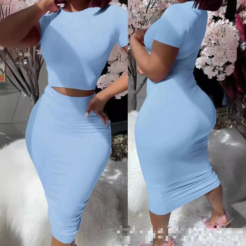 Conjuntos de vestidos para mujer, Tops cortos de manga corta y falda a media pantorrilla, conjunto de 2 uds, trajes ajustados de oficina para mujer, ropa de verano QX2413 - VibraStore