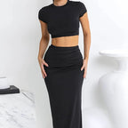 Conjuntos de vestidos para mujer, Tops cortos de manga corta y falda a media pantorrilla, conjunto de 2 uds, trajes ajustados de oficina para mujer, ropa de verano QX2413 - VibraStore