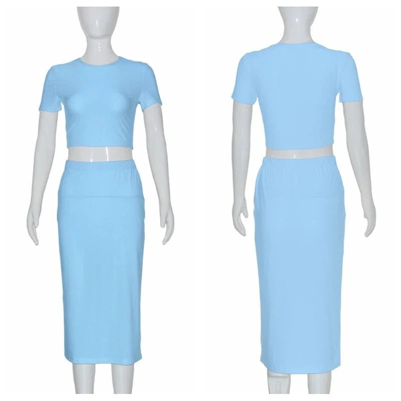 Conjuntos de vestidos para mujer, Tops cortos de manga corta y falda a media pantorrilla, conjunto de 2 uds, trajes ajustados de oficina para mujer, ropa de verano QX2413 - VibraStore