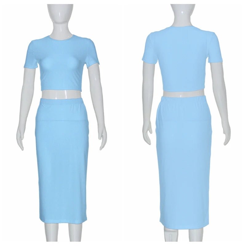 Conjuntos de vestidos para mujer, Tops cortos de manga corta y falda a media pantorrilla, conjunto de 2 uds, trajes ajustados de oficina para mujer, ropa de verano QX2413 - VibraStore