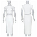 Conjuntos de vestidos para mujer, Tops cortos de manga corta y falda a media pantorrilla, conjunto de 2 uds, trajes ajustados de oficina para mujer, ropa de verano QX2413 - VibraStore