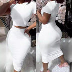 Conjuntos de vestidos para mujer, Tops cortos de manga corta y falda a media pantorrilla, conjunto de 2 uds, trajes ajustados de oficina para mujer, ropa de verano QX2413 - VibraStore