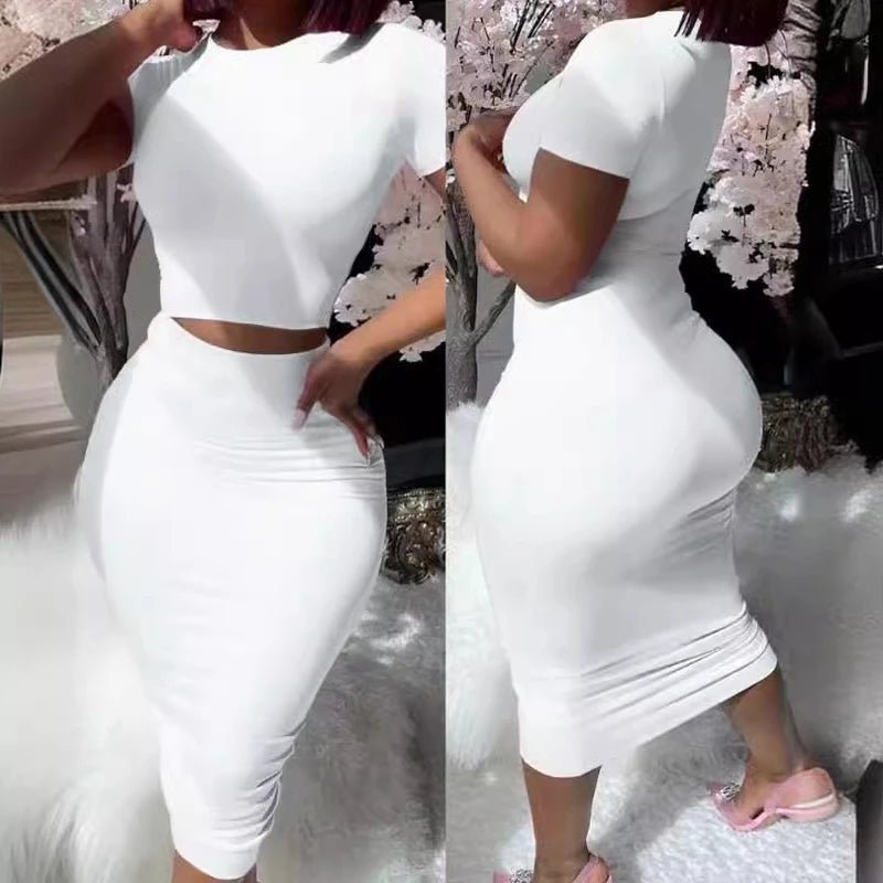 Conjuntos de vestidos para mujer, Tops cortos de manga corta y falda a media pantorrilla, conjunto de 2 uds, trajes ajustados de oficina para mujer, ropa de verano QX2413 - VibraStore