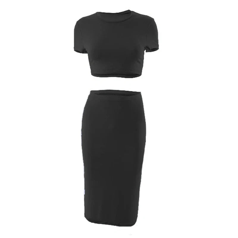 Conjuntos de vestidos para mujer, Tops cortos de manga corta y falda a media pantorrilla, conjunto de 2 uds, trajes ajustados de oficina para mujer, ropa de verano QX2413 - VibraStore