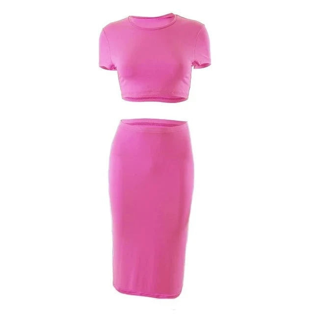 Conjuntos de vestidos para mujer, Tops cortos de manga corta y falda a media pantorrilla, conjunto de 2 uds, trajes ajustados de oficina para mujer, ropa de verano QX2413 - VibraStore