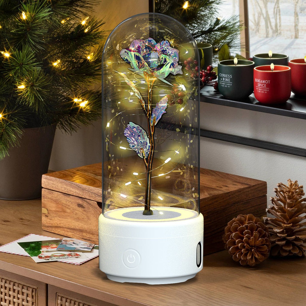 Creative 2 In 1 Rose Flowers LED Light And Bluetooth - compatible Speaker Valentine's Day Gift Rose Luminous Night Light Ornament In Glass Cover - VibraStore