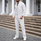Waffle-textured Solid-color Stand-collar Shirt And Long-sleeve Pants Casual Set