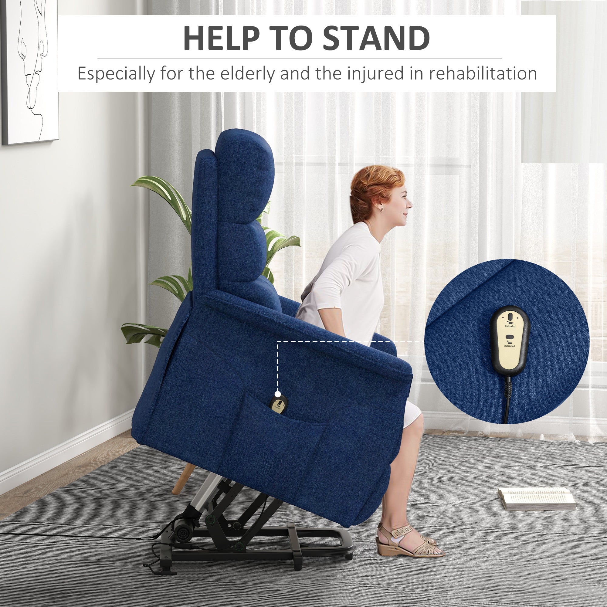 Power Lift Chair For Seniors, Electric Lift Recliner Chair With Remote Control, Side Pockets For Living Room, Dark Blue