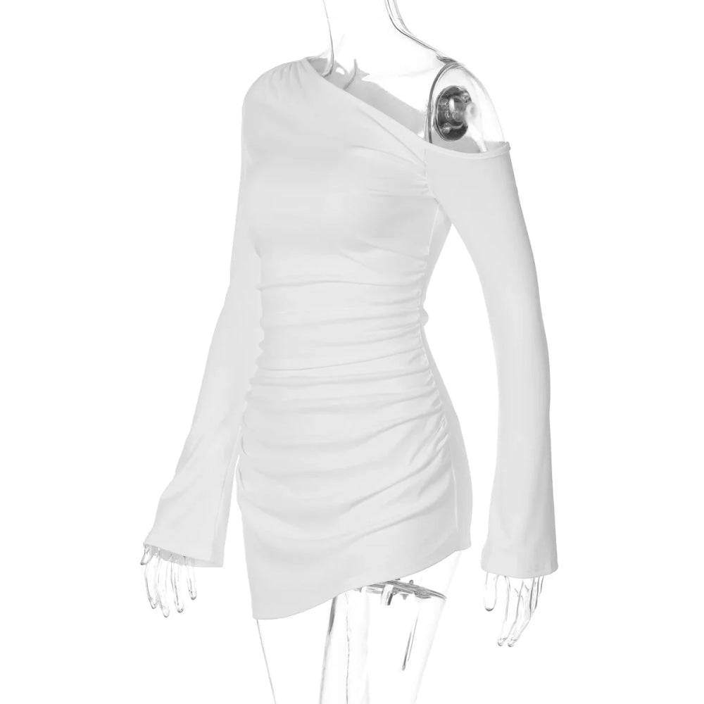 Dulzura - minivestido Irregular ajustado fruncido de manga larga con hombros inclinados para mujer, vestido informal Sexy liso para fiesta y Club, ropa de otoño - VibraStore