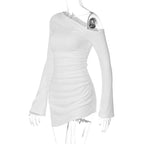 Dulzura - minivestido Irregular ajustado fruncido de manga larga con hombros inclinados para mujer, vestido informal Sexy liso para fiesta y Club, ropa de otoño - VibraStore