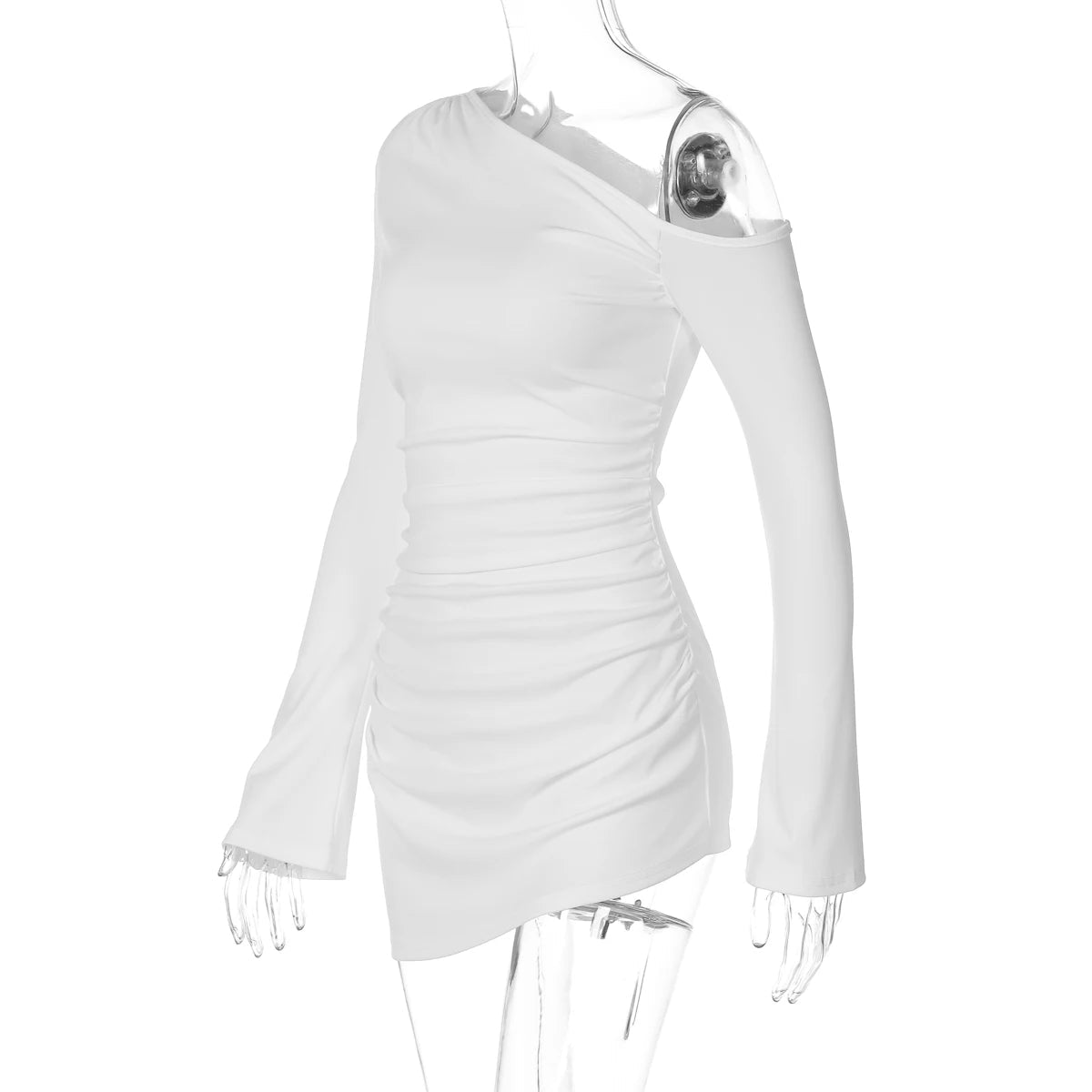 Dulzura - minivestido Irregular ajustado fruncido de manga larga con hombros inclinados para mujer, vestido informal Sexy liso para fiesta y Club, ropa de otoño - VibraStore