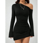 Dulzura - minivestido Irregular ajustado fruncido de manga larga con hombros inclinados para mujer, vestido informal Sexy liso para fiesta y Club, ropa de otoño - VibraStore
