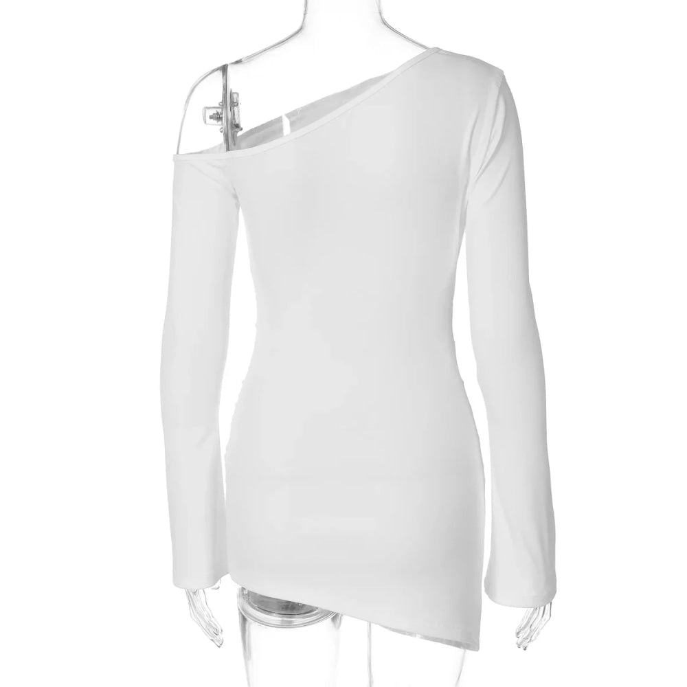 Dulzura - minivestido Irregular ajustado fruncido de manga larga con hombros inclinados para mujer, vestido informal Sexy liso para fiesta y Club, ropa de otoño - VibraStore