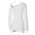 Dulzura - minivestido Irregular ajustado fruncido de manga larga con hombros inclinados para mujer, vestido informal Sexy liso para fiesta y Club, ropa de otoño - VibraStore