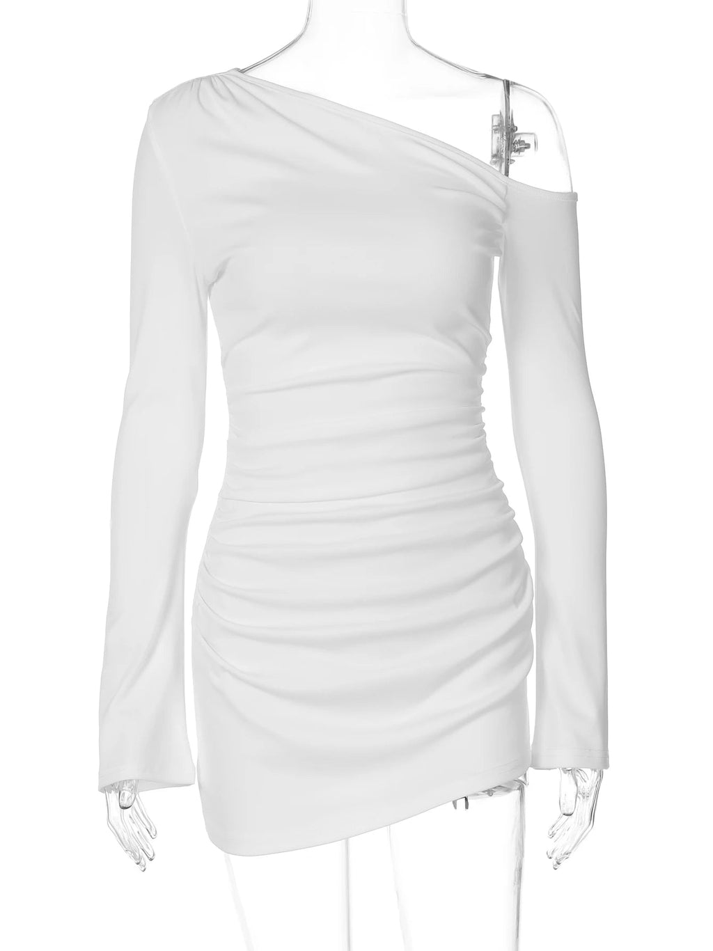 Dulzura - minivestido Irregular ajustado fruncido de manga larga con hombros inclinados para mujer, vestido informal Sexy liso para fiesta y Club, ropa de otoño - VibraStore