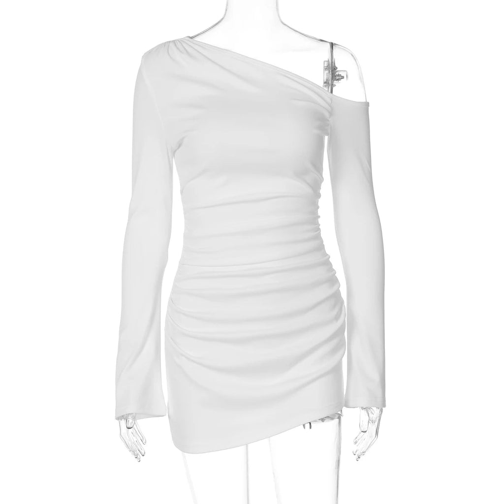 Dulzura - minivestido Irregular ajustado fruncido de manga larga con hombros inclinados para mujer, vestido informal Sexy liso para fiesta y Club, ropa de otoño - VibraStore