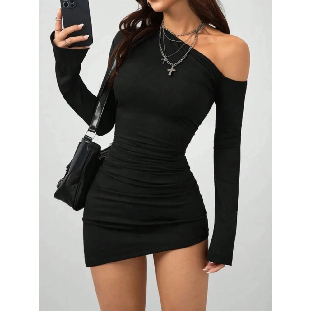 Dulzura - minivestido Irregular ajustado fruncido de manga larga con hombros inclinados para mujer, vestido informal Sexy liso para fiesta y Club, ropa de otoño - VibraStore