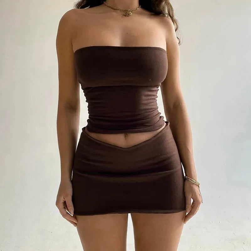 Dulzura - Tops de tubo para mujer, minifaldas para fiesta y Club, conjuntos de dos piezas a juego, trajes de vacaciones, artículos al por mayor para negocios, primavera 2025 - VibraStore