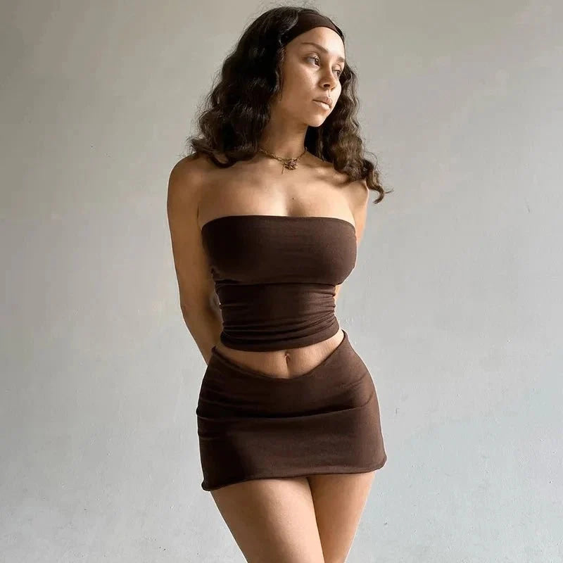 Dulzura - Tops de tubo para mujer, minifaldas para fiesta y Club, conjuntos de dos piezas a juego, trajes de vacaciones, artículos al por mayor para negocios, primavera 2025 - VibraStore