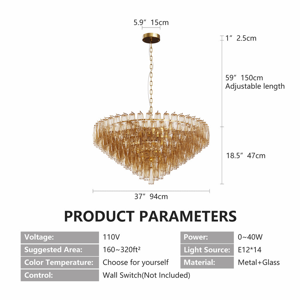 37 Extra Large Chandelier, 14-Light Gold Modern Round Chandelier For Living Room, Tiered Smoke Blown Glass Brass Chandeliers, Hanging Light Fixture For Bedroom, Dining Room, Foyer, Entryway