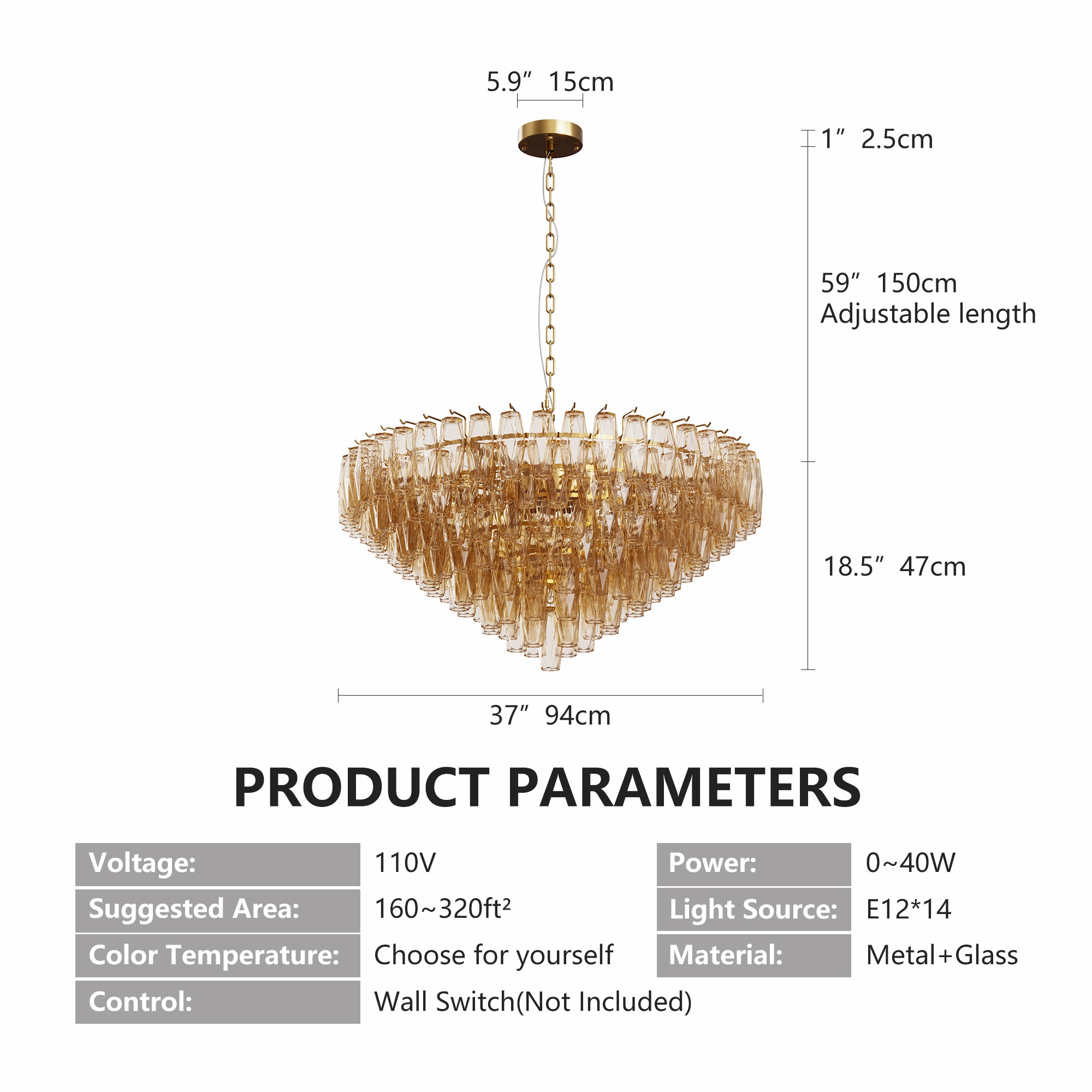 37 Extra Large Chandelier, 14-Light Gold Modern Round Chandelier For Living Room, Tiered Smoke Blown Glass Brass Chandeliers, Hanging Light Fixture For Bedroom, Dining Room, Foyer, Entryway