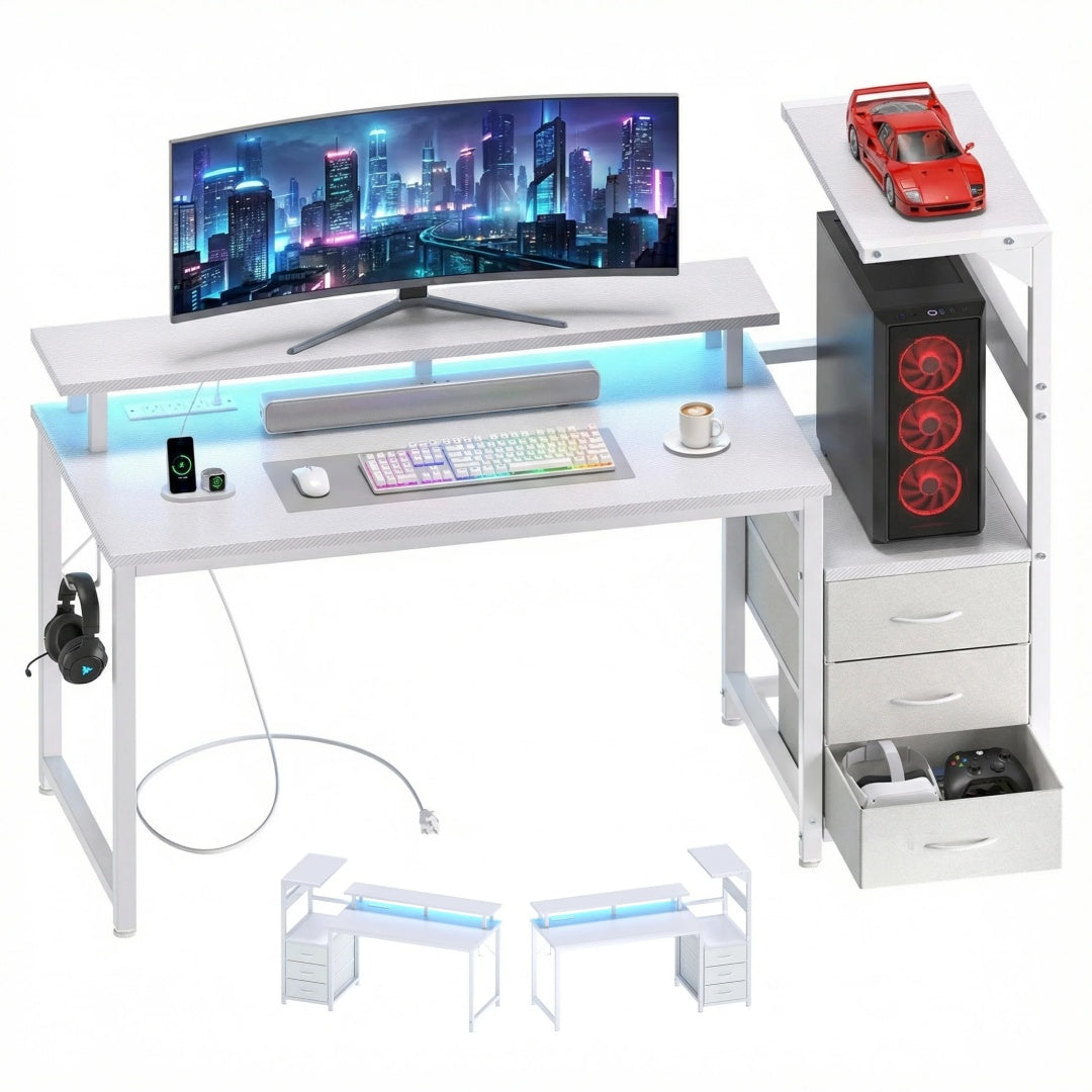 52-inch Gaming Table With Drawers And 3 Fabric Drawers, Equipped With USB Ports And LED Lights For The Computer Desk