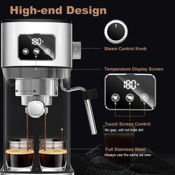 Chef Espresso Machine, Cappuccino & Latte Machine With ESE POD Filter & Milk Frother Steam Wand, Accurate Temperature & Time Control, Compact Coffee Machine For Home,Stainless Steel