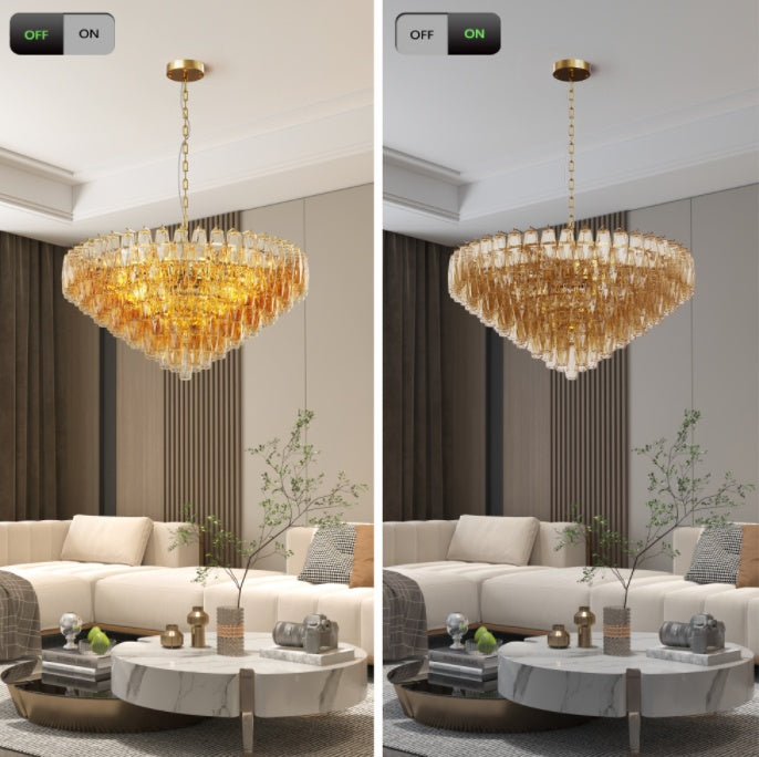 37 Extra Large Chandelier, 14-Light Gold Modern Round Chandelier For Living Room, Tiered Smoke Blown Glass Brass Chandeliers, Hanging Light Fixture For Bedroom, Dining Room, Foyer, Entryway