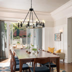 32  Rustic Farmhouse 10-Light Candle Chandelier, Black Metal And Wood Round Hanging Light Fixture For Dining Room, Kitchen, Living Room, Adjustable Height, E12 Bulb Base  No Bulbs
