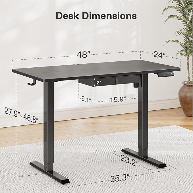 Electric Standing Desk With Drawer, 48 X 24 Electric Stand Up Desk, Ergonomic Adjustable Desk With Storage, Headphone/Bag - VibraStore