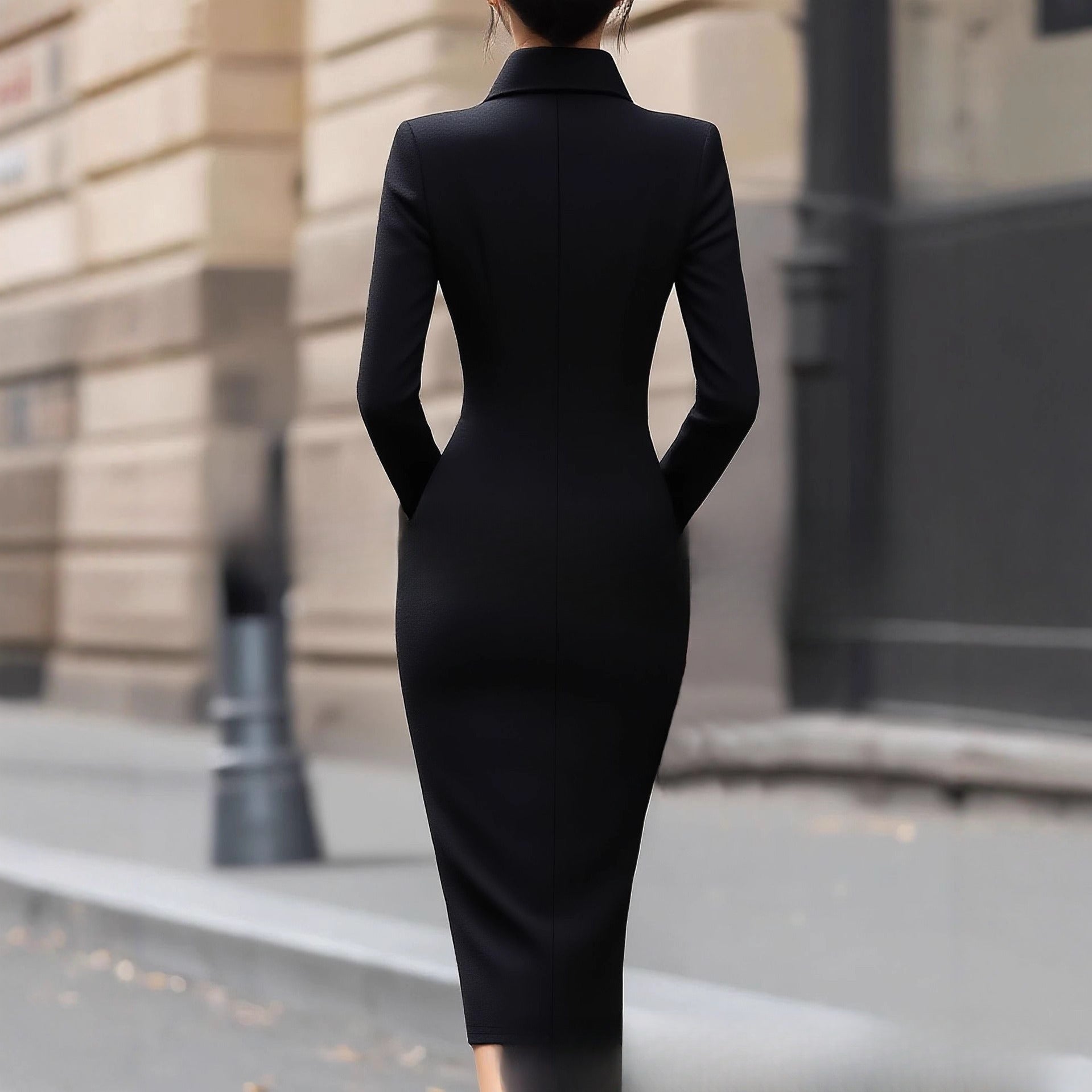 Elegant Designer - style Black French - style Shirt Dress - VibraStore