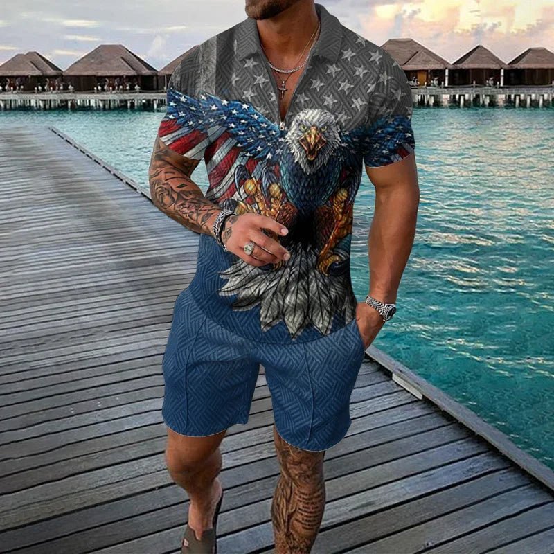 Ethnic Style men's short - sleeved suit, Fashionable T-shirt And Shorts 2 - piece set, Casual Zipper Polo shirt, Summer Loose Suit - VibraStore