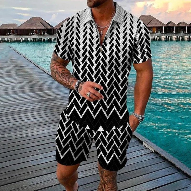 Ethnic Style men's short - sleeved suit, Fashionable T-shirt And Shorts 2 - piece set, Casual Zipper Polo shirt, Summer Loose Suit - VibraStore