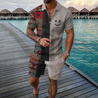 Ethnic Style men's short - sleeved suit, Fashionable T-shirt And Shorts 2 - piece set, Casual Zipper Polo shirt, Summer Loose Suit - VibraStore