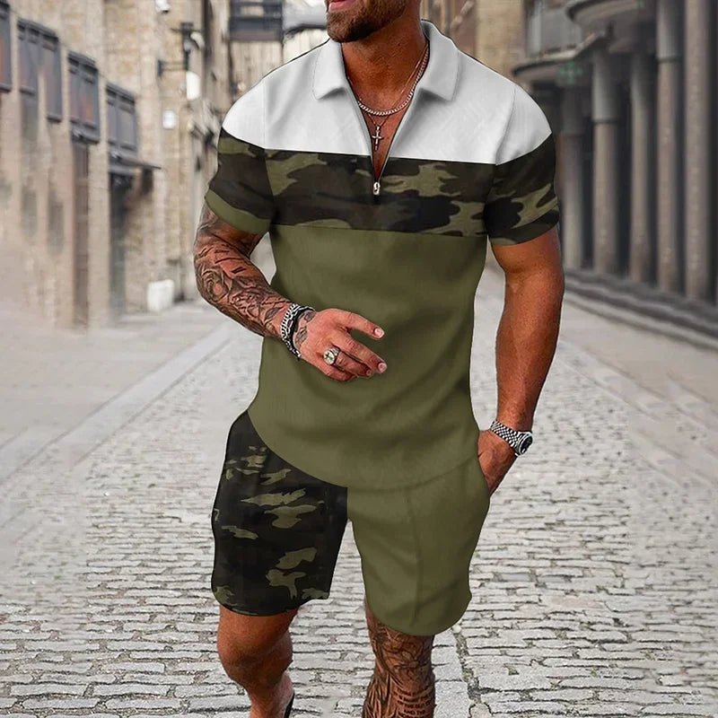 Ethnic Style men's short - sleeved suit, Fashionable T-shirt And Shorts 2 - piece set, Casual Zipper Polo shirt, Summer Loose Suit - VibraStore